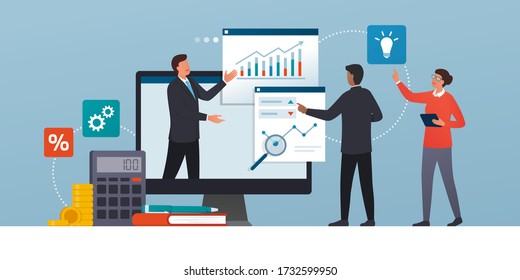 Business team connecting together online and having a virtual meeting, they are analyzing financial charts