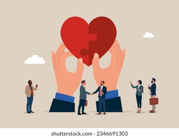 Business team connects the heart puzzle. Cooperation. Flat vector illustration