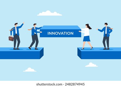 Equipo de negocios construyendo un puente sobre la brecha etiquetada Innovación concepto cambio adaptándose y colaborando para alcanzar el éxito