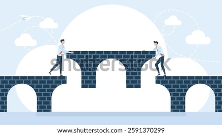 Business team constructing bridge over gap. Сollaborative to achieve success. Teamwork and problem solving in business, strategy concept.   Innovation concept change adapting. Vector illustration.
