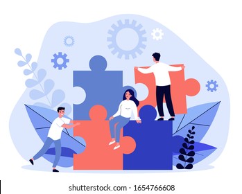 Business team constructing jigsaw solution. People connecting big pieces of puzzle. Vector illustration for community, merger, discovery, teamwork concept