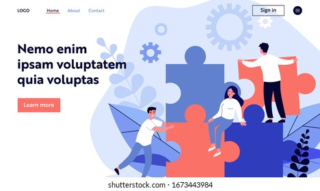 Business team constructing jigsaw solution. People connecting big pieces of puzzle. Vector illustration for community, merger, discovery, teamwork concept