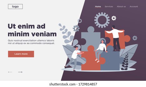 Equipo de negocios construyendo la solución de rompecabezas. Gente conectando grandes piezas de rompecabezas. Ilustración vectorial para comunidad, fusión, descubrimiento, concepto de trabajo en equipo