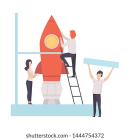 Business Team Constructing Space Rocket, Start Up, Business Idea, Teamwork Vector Illustration