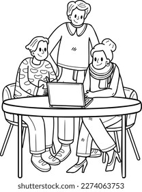 Business team consulting with laptop illustration in doodle style isolated on background