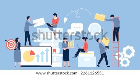 Business team cooperation and discussion businessmen. Content researcher and makers. Office company, employees group collaboration recent vector scene