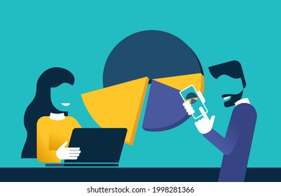 Business team corporate management and data analysis - abstract people with big diagram of statistics - vector illustration