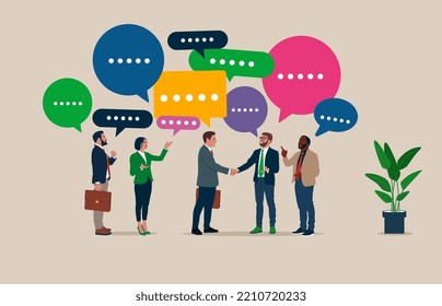 Business team coworker discussing work in meeting with speech bubbles. Discussion, conversation, meeting, team communication, colleague chatting, opinion. Flat vector illustration.