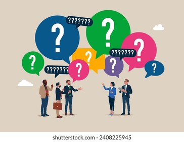Business team coworker discussing work in meeting with question mark speech bubble. Colleague chatting. Flat vector illustration.