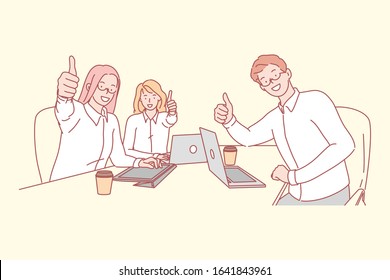 Business team, coworking, success concept. Young business man and women show like sign sitting at work place. Happy coworkers did great teamwork and satisfied with successful project. Simple vector