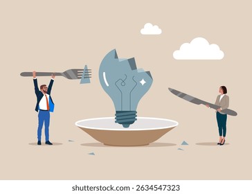 Business team cut fork knife eat meal crashed light bulb. Failed business, bankrupt. Switch. Burnout or exhausted from crisis. Burnt out bulb. Flat vector illustration.