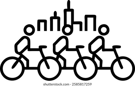 Business team cycling to work together with cityscape background and copy space concept as Group of business professionals cycling together with a cityscape in the background promoting eco friendly tr