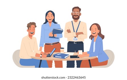 Equipo de negocios en el escritorio. Felices colegas trabajando juntos. Retrato de trabajadores de oficina. Ilustración vectorial en estilo plano