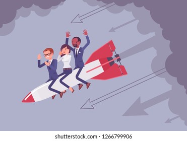 Business team in despair go down on rocket. Business start-up, company new project ends in failure, financial mistakes. Problem solving, risk management concept. Vector flat style cartoon illustration