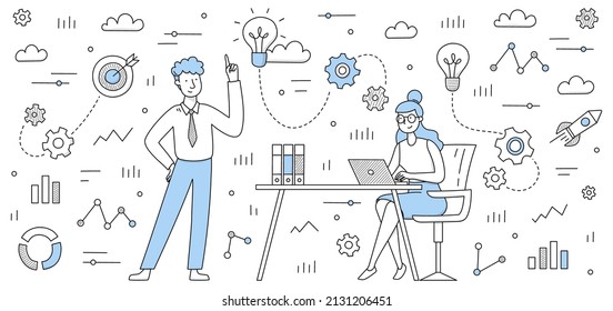 Business team develop idea doodle concept, colleagues work together with laptop thinking creative solutions with infographic icons around. People teamwork brainstorm in office Line vector illustration