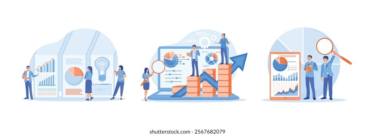Business team develops ideas for financial investment. Study marketing research charts. Studying business financial investments. Data Analysis Concept. Set flat vector illustration.