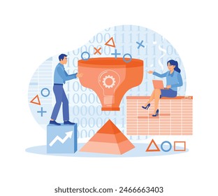 El equipo de negocios desarrolla una estrategia de negocio. Datos de Analyze para tomar decisiones empresariales. Concepto de inteligencia empresarial. Ilustración vectorial plana.