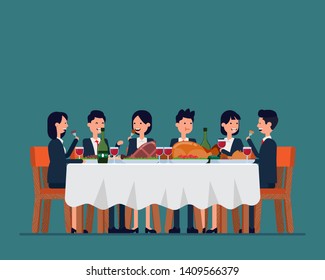 Business team dining together. Vector illustration celebration  and meeting concept. Big company family, Eating together, Cartoon character flat style design