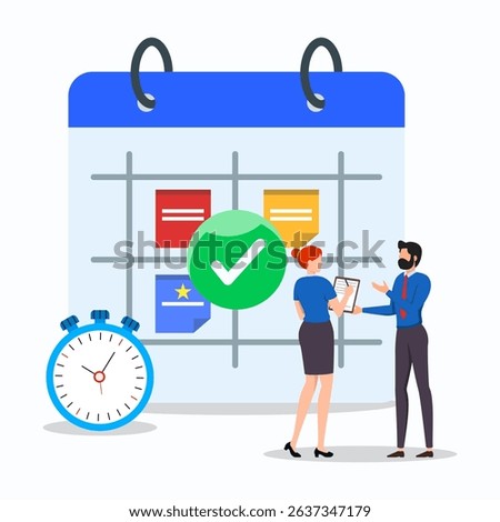 Business team discussing about project with paper tasklist done on the big icon of calendar. Planning schedule, business event and calendar concept.