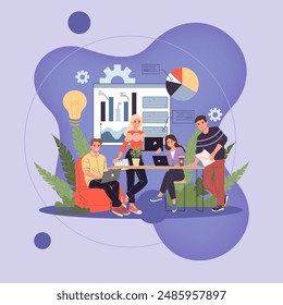 Business team discussing analytical data vector illustration. Business process, teamwork, efficiency and company workflow concept. Working activity and development for market.