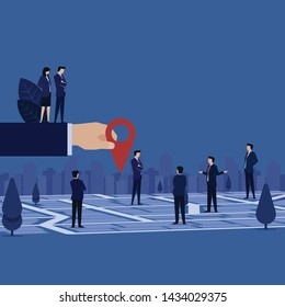 Business team discussing choose meeting location map with GPS. Illustration For Wallpaper, Banner, Background, Book Illustration, And Web Landing Page.
