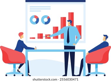 Business team discussing company strategy during a presentation meeting analyzing financial charts and graphs showing positive growth and taking notes