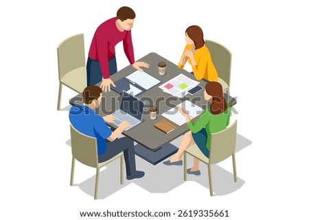 Business team discussing documents and laptops at a conference table during a planning meeting. Isometric vector illustration.