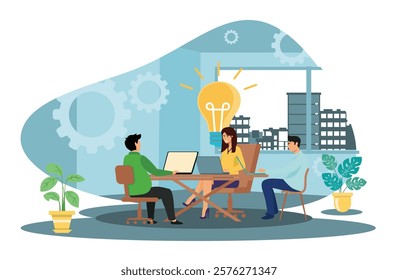 A business team discussing ideas in a modern office space. Perfect for entrepreneurship, teamwork, and innovation related concept. Flat vector modern illustration 