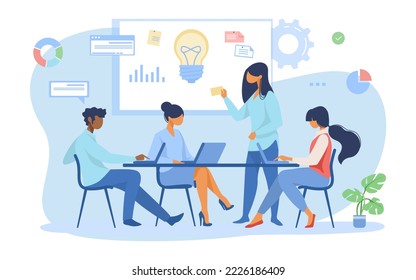 Business team discussing ideas for startup. Leader speaking at board with notes and lightbulb flat vector illustration. Corporate meeting concept for banner, website design or landing web page