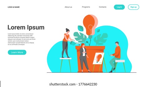 Business team discussing new ideas and innovations. Group of people growing lightbulb plant. Vector illustration for teamwork, ecology, innovation, growth, eco energy concept