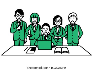 Business team discussing on computer screen. Vector illustration.