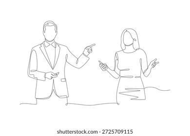 Equipo Empresarial Discutiendo Puntos De Presentación. Concepto de presentación. Diseño de dibujo de línea única. Ilustración gráfica de Vector