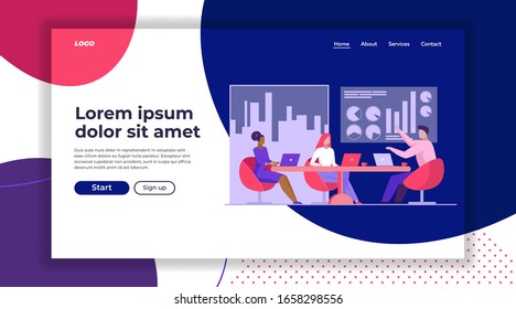 Business team discussing project. Colleagues with laptops sitting at table, talking flat vector illustration. Communication, brainstorming concept for banner, website design or landing web page