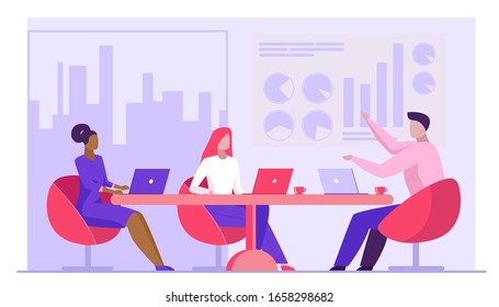 Business team discussing project. Colleagues with laptops sitting at table, talking flat vector illustration. Communication, brainstorming concept for banner, website design or landing web page
