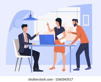 Business team discussing project. Employees arguing with boss vector illustration. Corporate communication concept for banner, website design or landing web page