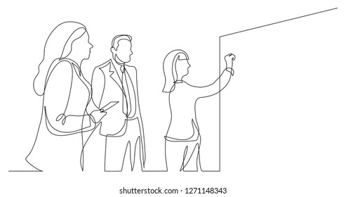 Business Team Discussing Whiteboard Drawing During Brainstorm Session - One Line Drawing