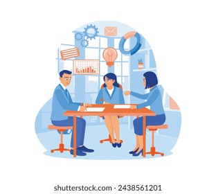 Business team discussing business workflow. Business strategy plan to achieve marketing targets. Business Meeting concept. Flat vector illustration.