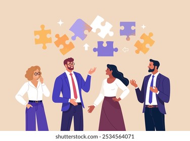 Conceito Business Team Discussion. Ilustração vetorial abstrata de estilo plano contemporâneo de um grupo de pessoas diversas em pé e conversando umas com as outras com peças de quebra-cabeça acima de suas cabeças.