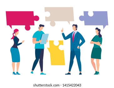 Business Team Discussion, Partners Negotiation Flat Vector Concept with People with Different Thoughts or Positions in Form of Colorful Puzzles Standing Together and Discussing Problem Illustration