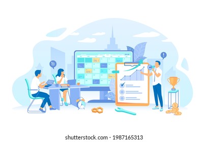 A business team distributed priority tasks for success project. Time Management Planning Schedule. Organization of working time. Working process, teamwork communication. Vector illustration flat style