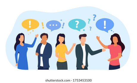 Business team with diverse colleagues involved in a discussion or brainstorming in a meeting, colored vector illustration