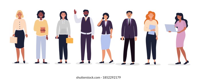 Business team with diverse multiracial businesspeople standing in a line isolated on white, colored flat cartoon vector illustration with fictional characters