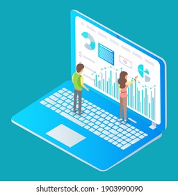 Equipo de negocios haciendo análisis de datos. Conceptos para el análisis de negocios y la planificación de la ilustración vectorial de trabajo del equipo de consultoría. Analistas de especialistas en gerentes de hombre y mujer revisan datos en pantalla grande para portátiles