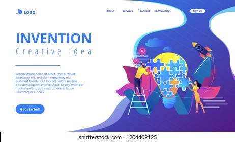 Business team doing lightbulb from jigsaw puzzle and rising arrow. Creative idea and insight, notion, invention concept on white background. Website vibrant violet landing web page template.