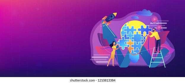 Business team doing lightbulb from jigsaw puzzle and rising arrow. Creative idea and insight, notion, invention concept on white background. Header or footer banner template with copy space.
