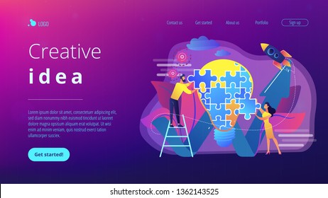 Business team doing lightbulb from jigsaw puzzle and rising arrow. Creative idea and insight, notion, invention concept on white background. Website vibrant violet landing web page template.