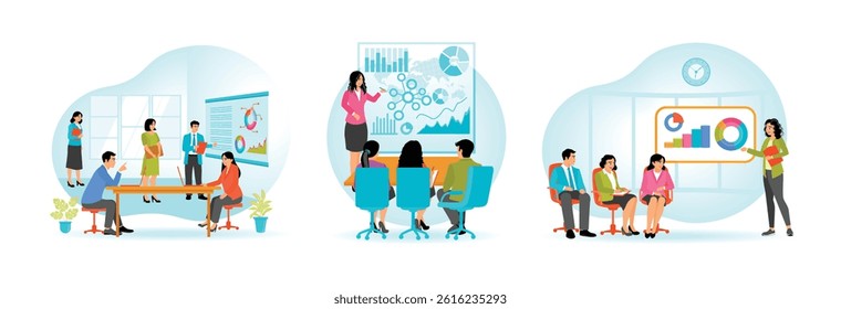 Business Team Doing Presentation With Charts and Graphs Data Presentation concept. Set flat vector illustration 