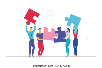 Business team doing a puzzle - flat design style colorful illustration on white background. Metaphorical composition with cute characters, office workers or businessmen putting pieces together