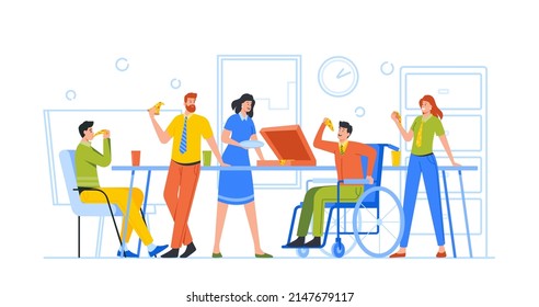 Business Team Eating Pizza In Office Together With Disabled Colleague. Employees Characters Party Celebration, Dinner, Lunch Or Coffee Break Time, Fun At Workplace. Cartoon People Vector Illustration