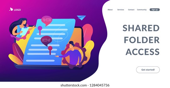 Business team editing shared document on laptop online. Shared document, shared folder access, collaborative document editing concept. Website vibrant violet landing web page template.